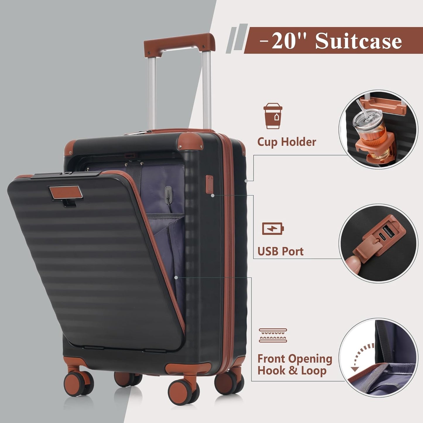 Merax Luggage Sets 3 Piece Front Opening, Hardside Lightweight Carry on Suitcase with Cup Holder USB Port,Durable Expandable Luggage with Bags Spinner Wheels and TSA Lock,Black and Brown