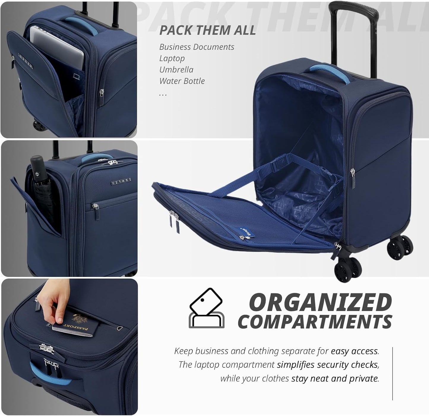 Verage Under Seat Luggage with Wheels, Softside Small Suitcase Spinner Carry On Luggage Bags for Airlines Airplanes Short Trip Men Women (Navy, 14.5-Inch Plus Underseat)