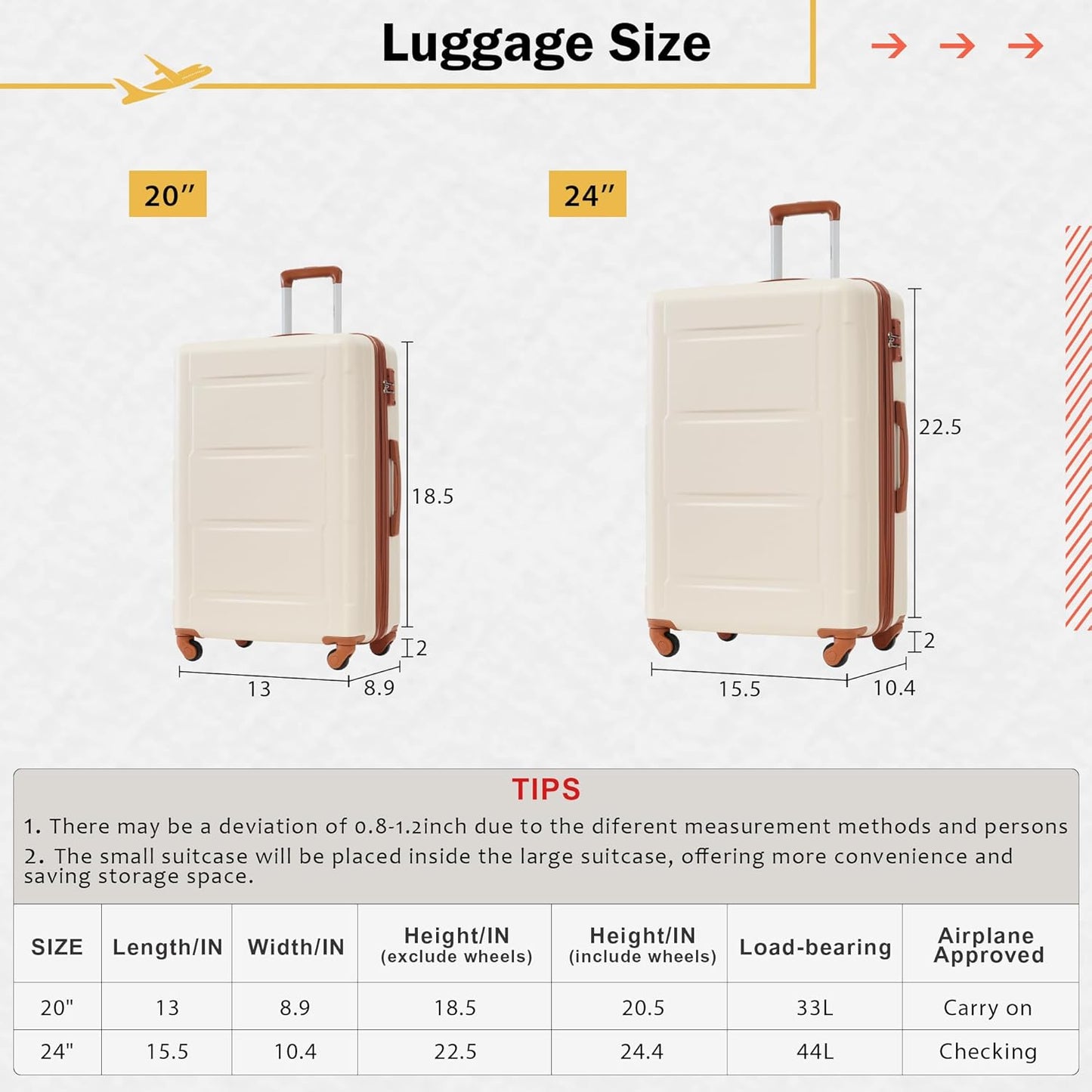 Merax Luggage Set 2 Piece Suitcase Sets with Spinner Wheel,Lightweight Hardside Expandable Travel Laggage with TSA Lock,Suitcase with Travel Bag(20"/24",Khaki & Brown)