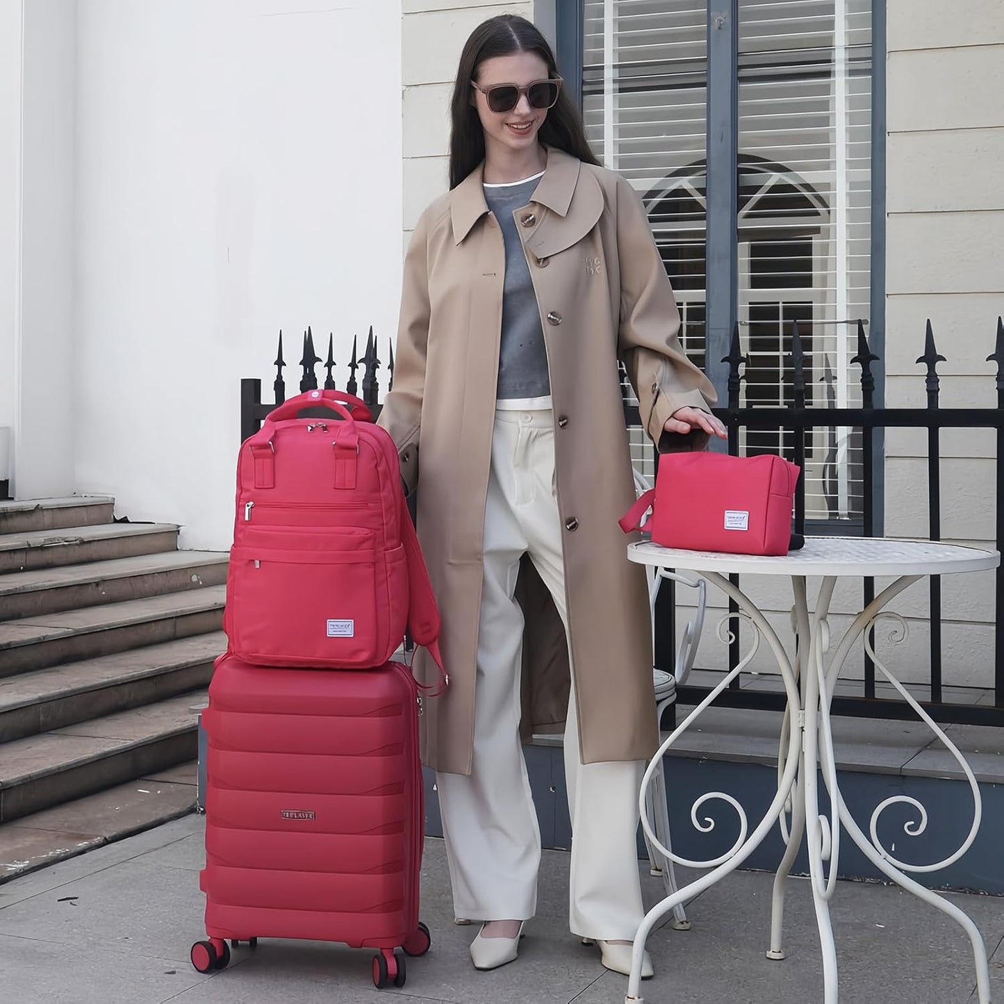 Carry On Luggage 22x14x9 Airline Approved, 22 Inch PP Hardshell Luggage Carry-on Suitcase with Spinner Wheels, Carry On Suitcase Set for Women(Rose Red)