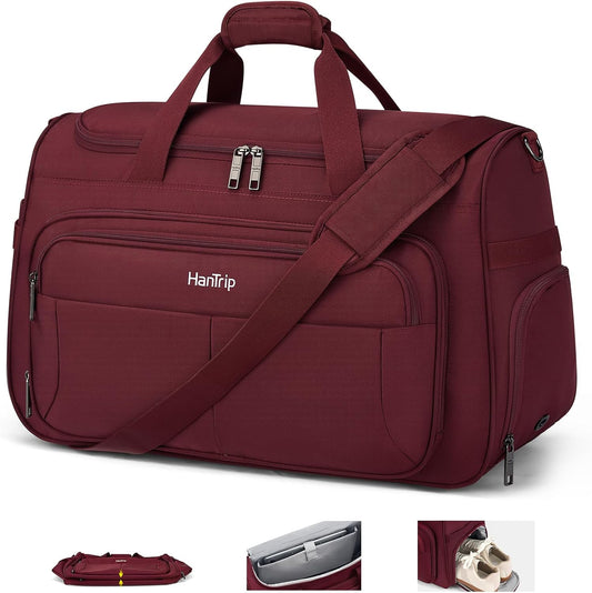 Carry on Duffel Bag Foldable Duffle Bags for Travel, Large Personal Item Bags for Airplanes, Weekender Overnight Mens Travel Tote Bag for Women Softside Carry on Luggage (Burgundy)