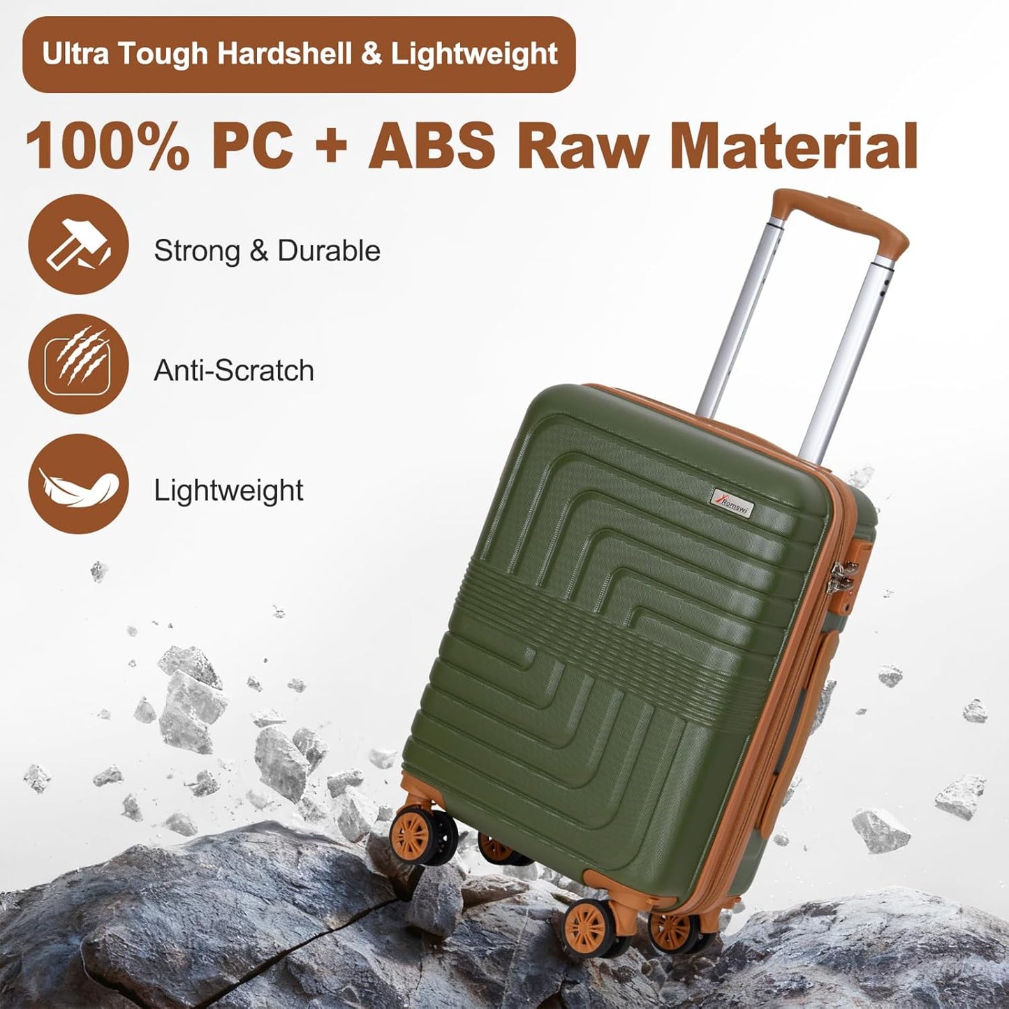 Romswi Luggage Sets 3 Piece Expandable PC+ABS Suitcases, Durable Hardshell Lightweight Suitcase Set with TSA Lock Dual Spinner Wheels, 20/24/28 Inch,Olive Green