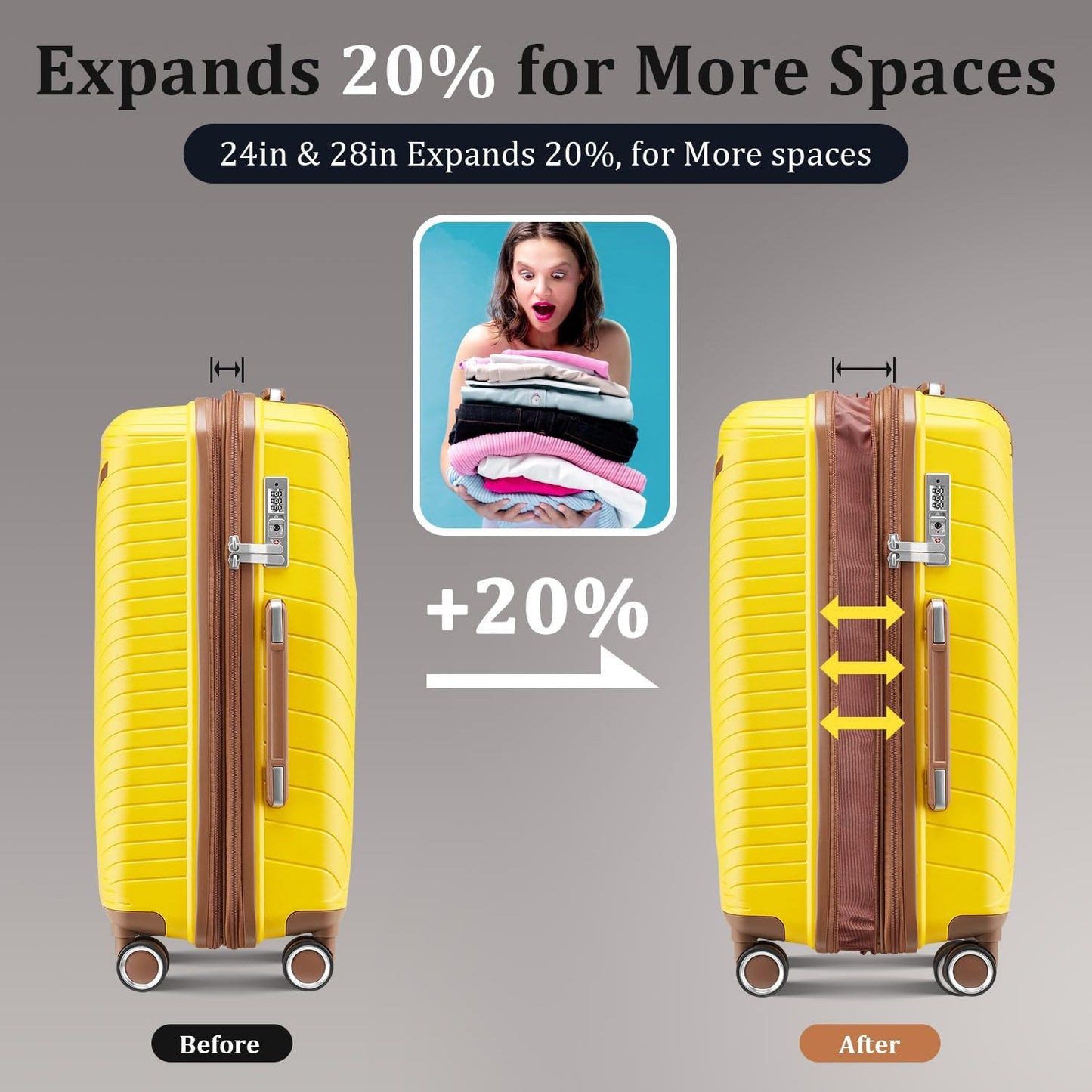 4-Piece Expandable Hardshell Luggage Set with TSA Lock (14/20/24/28) - Lightweight PP Suitcases, 360° Silent Spinner Wheels and Durable 100LB Handle for Air Travel (D# Yellow)