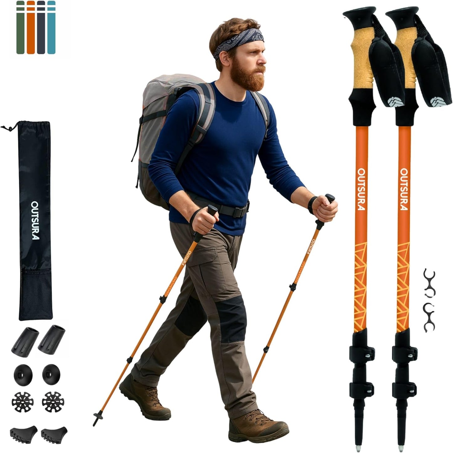 Outsura Trekking Poles for Hiking Collapsible Lightweight Aircraft Graded Aluminum Hiking Poles with Cork Grip & Quick Lock, Pair of 2 Walking Sticks for Seniors Trail & Backpacking