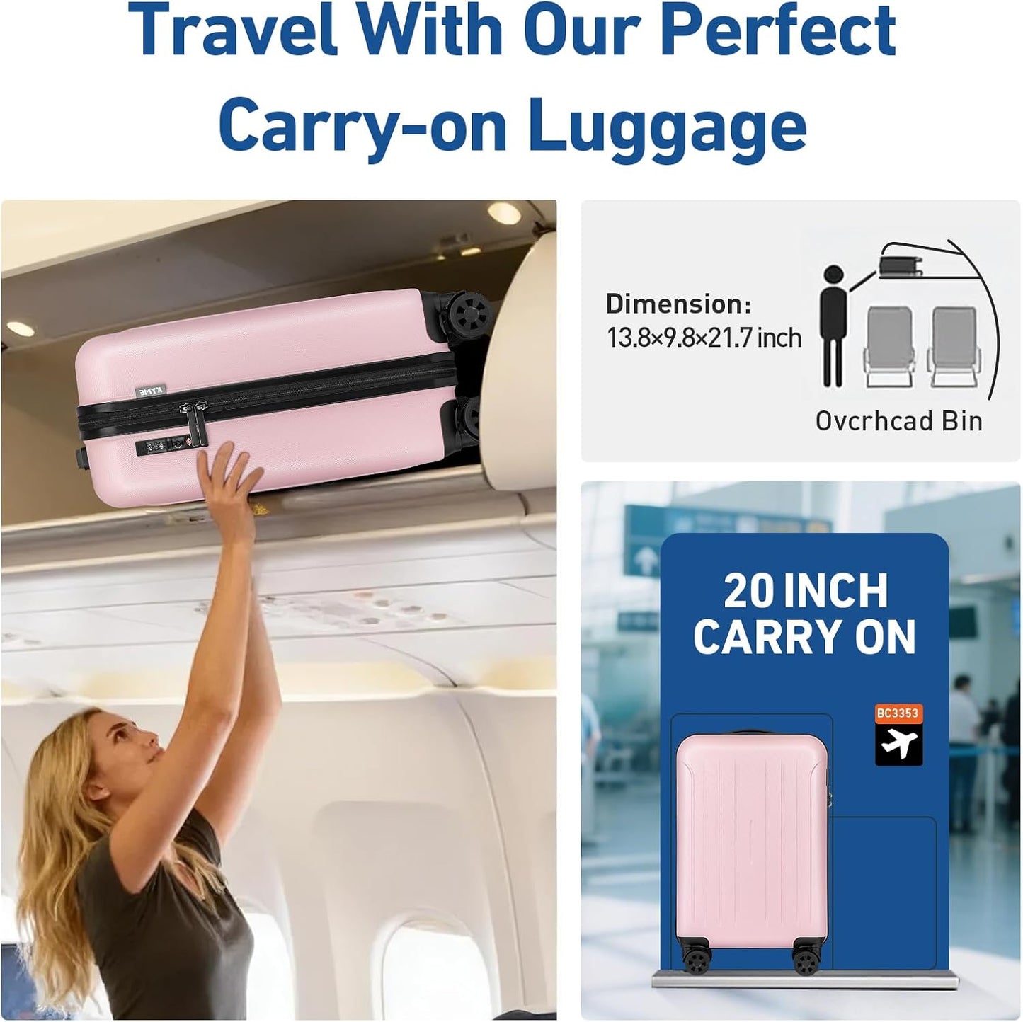 KYME Carry on luggage 22x14x9 Airline Approved Suitcase Hardshell With Double Spinner Wheels, PC+ABS TSA Lock Travel Luggage (Pink, 20" Carry On)