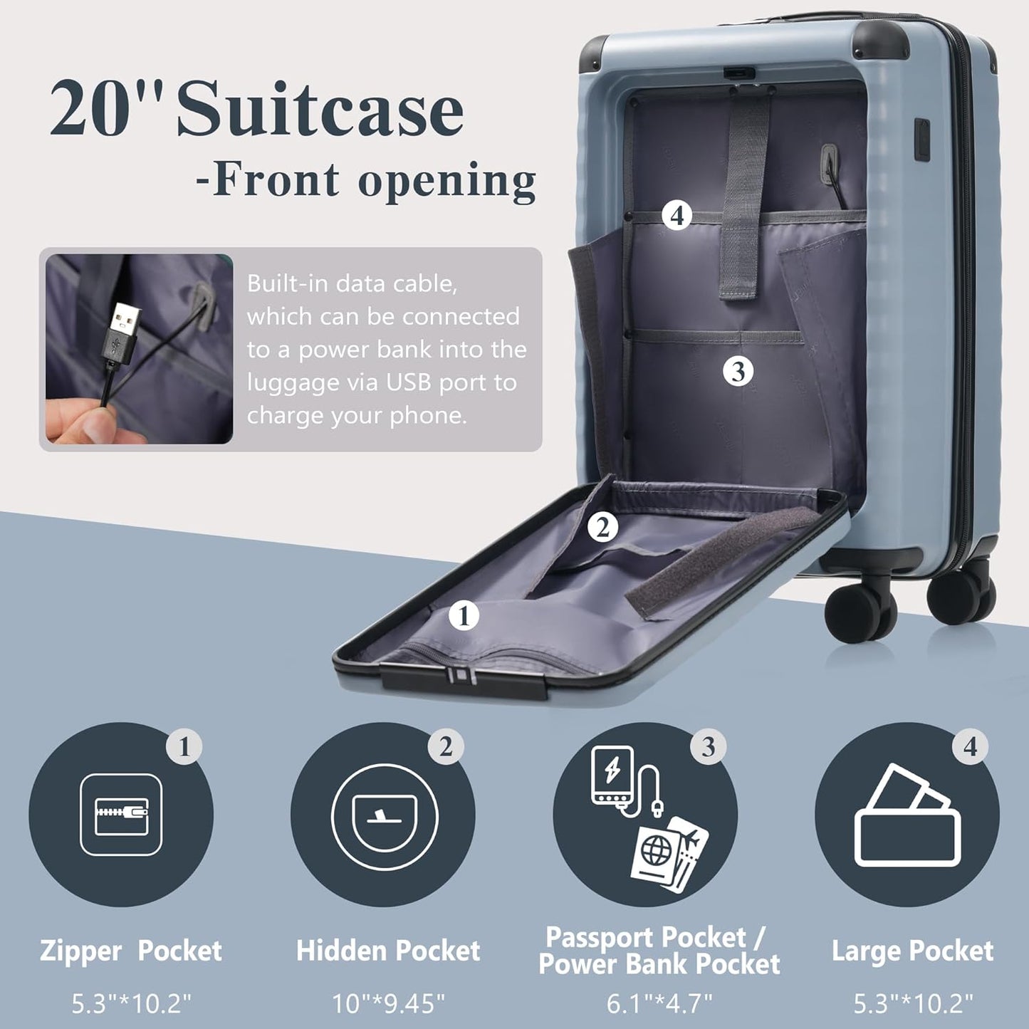 Merax Luggage Sets 3 Piece Front Opening, Hardside Lightweight Carry on Suitcase with Cup Holder USB Port,Durable Expandable Luggage with Bags Spinner Wheels and TSA Lock,Sky Blue