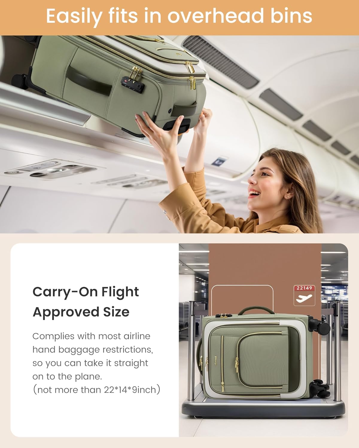 LOVEVOOK Carry on Luggage 22x14x9 Airline Approved with Garment Folder & Spinner Wheels, 22 Inch Large Rolling Carry-on Suitcase, Softside Lightweight Underseat Luggage for Women Travel Overnight, 49L