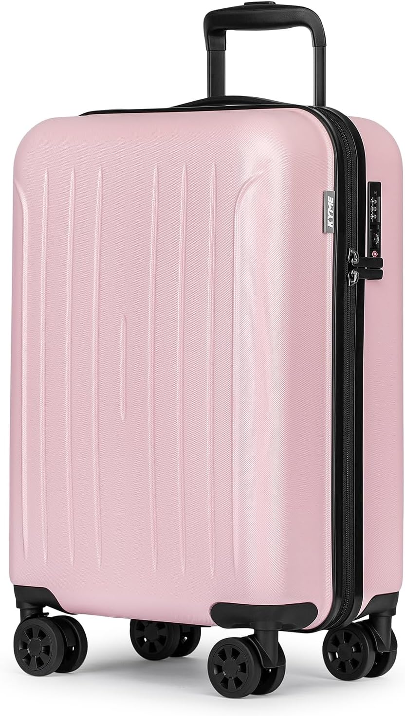 KYME Carry on luggage 22x14x9 Airline Approved Suitcase Hardshell With Double Spinner Wheels, PC+ABS TSA Lock Travel Luggage (Pink, 20" Carry On)