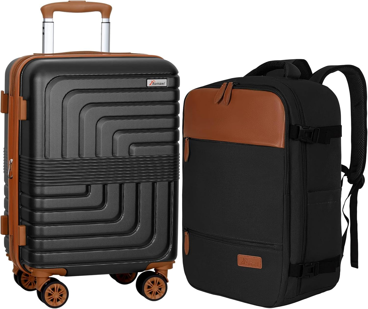Romswi Luggage Sets 2 Piece 22In, Expandable 22x14x9 Carry On Luggage with Travel Backpack, PC+ABS Hardside Suitcase Set with TSA Lock, Durable Carry On Suitcase with Spinner Wheels for Men Black
