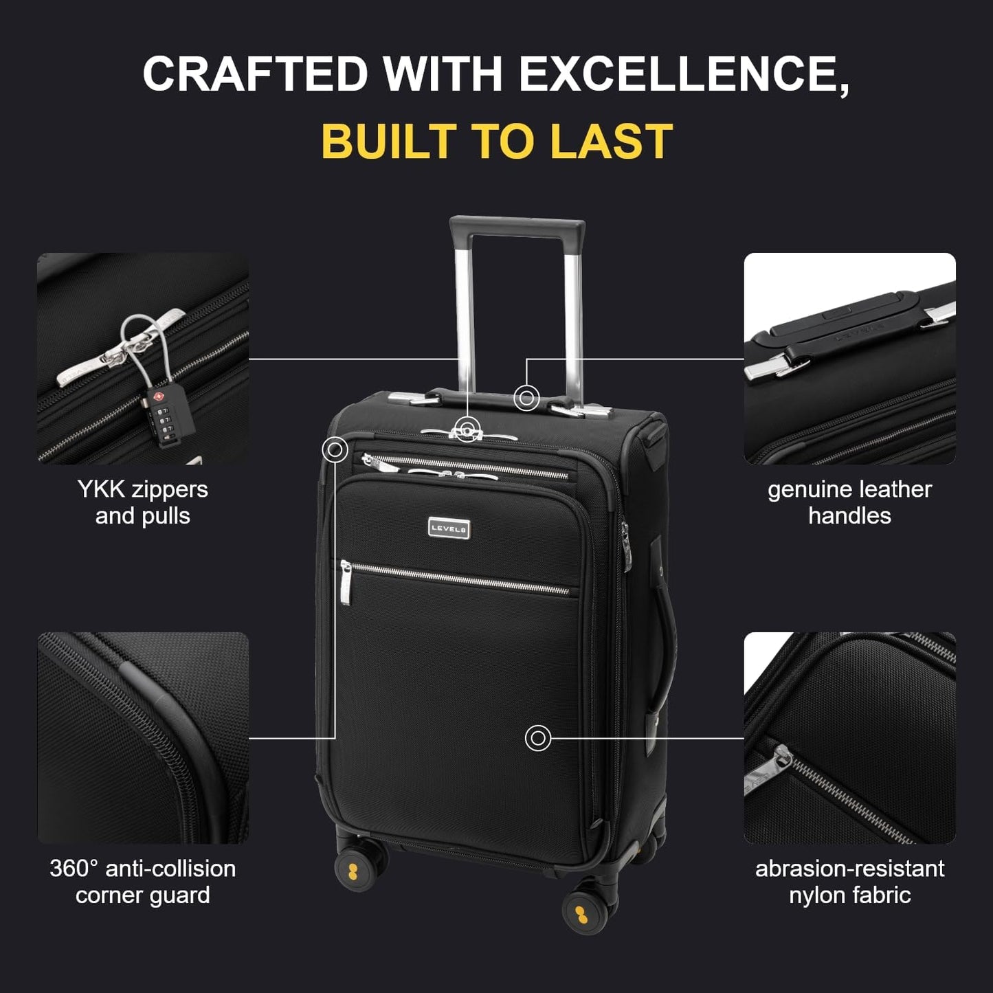 LEVEL8 Carry On Luggage with Compartment, 20 Inch Softside Expandable Travel Rolling Suitcase with Spinner Wheels, Tsa Locks, Men and Women, Black