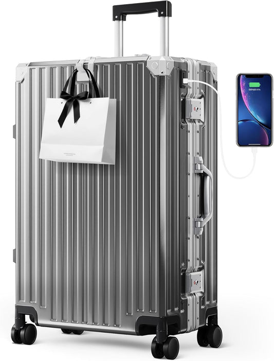 ALPHA CAMP 24 Inch Check-in Luggage, Dual Layer Aluminum Frame Luggage with TSA Locks, 3-Layer PC Hard Shell Zipperless Lightweight Hardside Travel Suitcase, Type-C USB Charging Port, Cup Holder Grey