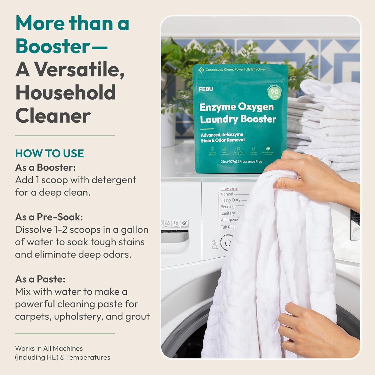 FEBU Enzyme Oxygen Laundry Booster, Odor Eliminator & Stain Remover | Advanced 6-Enzyme Formula for Sweat, Pet & Musty Odors | Plant-Based, Safe, Plastic-Free Powder, USA-Made | Fragrance Free, 2lbs