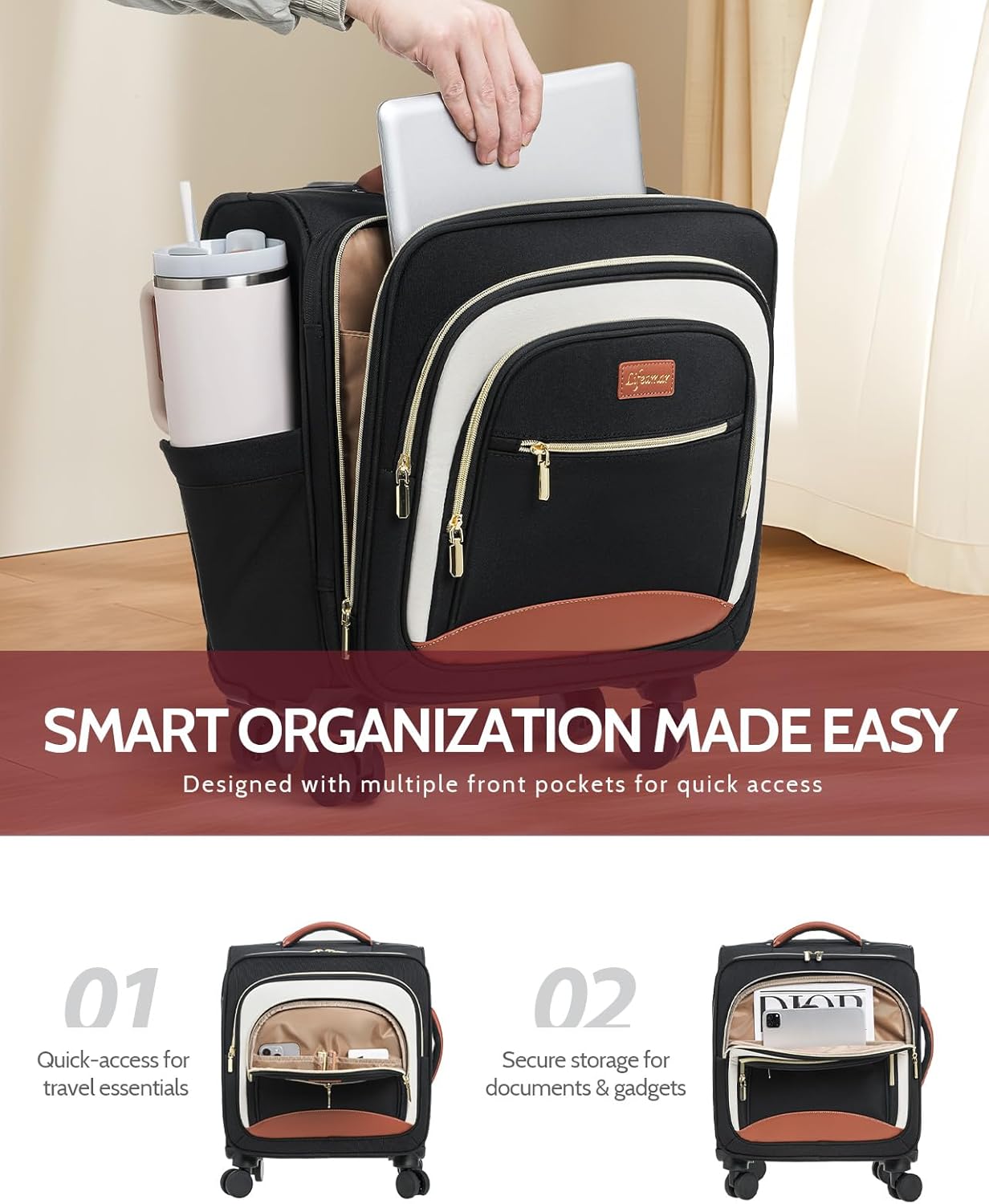 Underseat Carry On Luggage with Wheels 18x14x8 Airline Approved, 16-inch Softside Spinner Suitcase Under Seat Personal Item Travel Bag, Compact Rolling Luggage for Business & Weekend