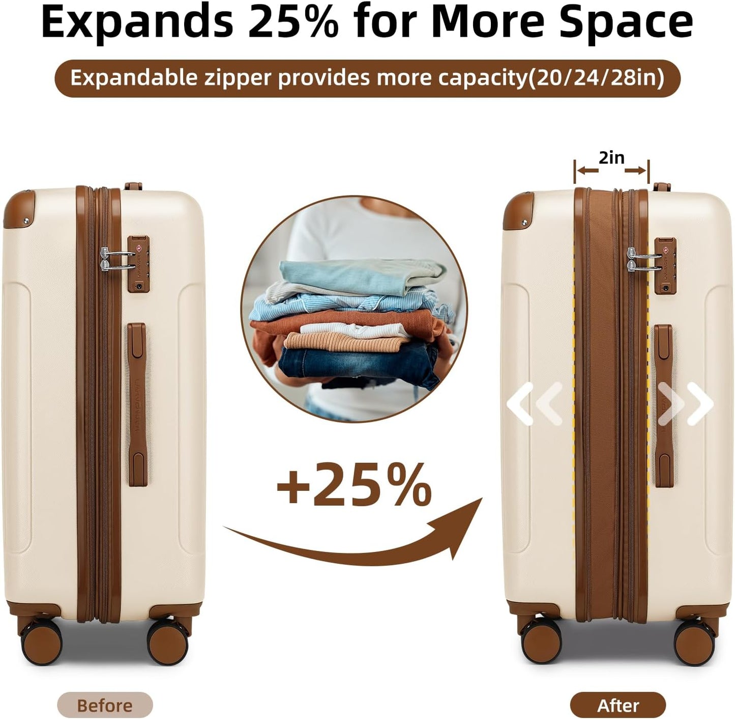 LARVENDER Luggage Sets 6 Piece Suitcases with Wheels, Expandable Suitcase Set ABS Hard Shell Luggage for Women with TSA Lock Double Spinner Wheels (White Brown, 6 Piece Set)