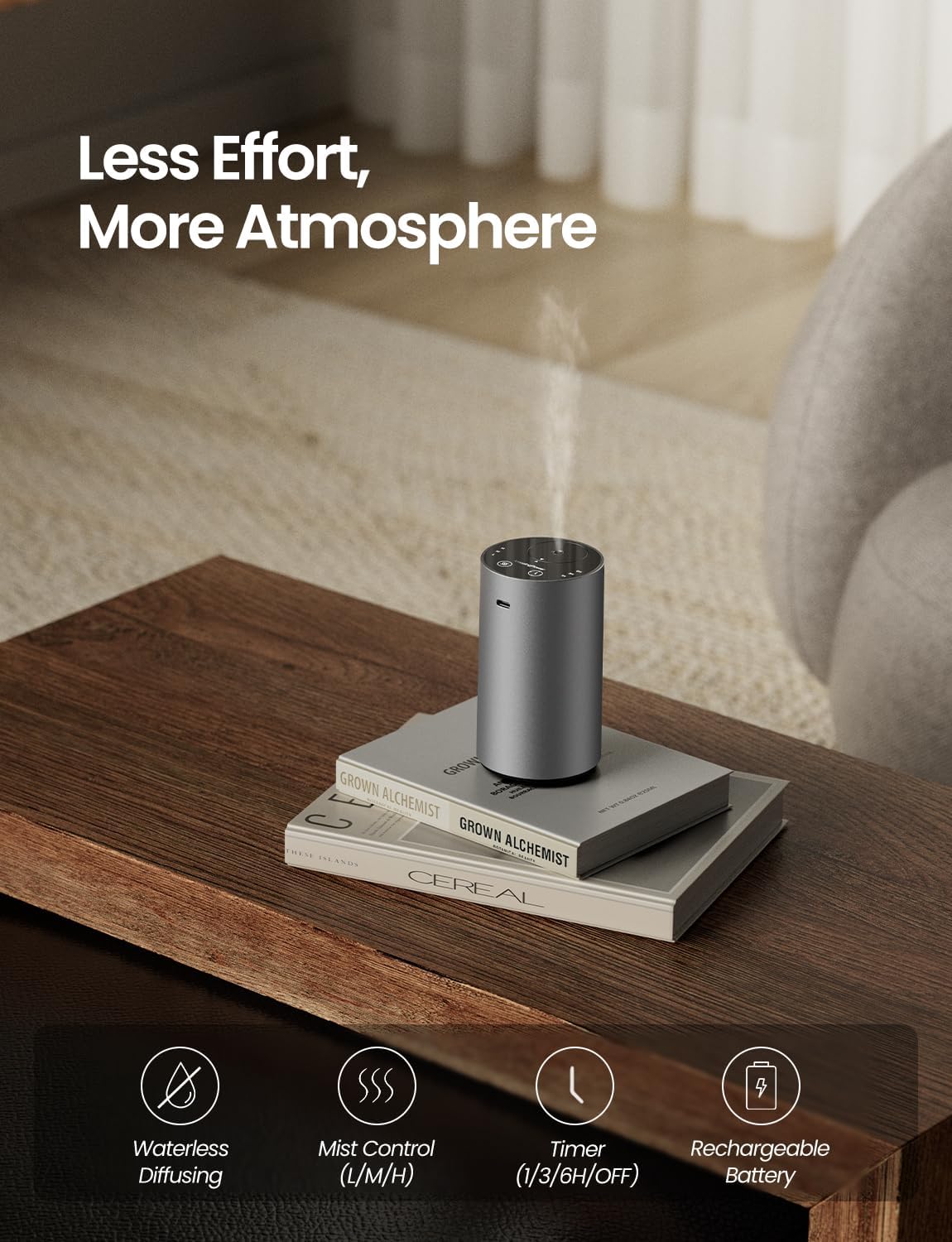 Waterless Essential Oil Diffuser, Rechargeable Scent Diffusers with 3 Mist Levels & Timers, Portable Aromatherapy Diffuser for Home Car Room Studio Office, Iron Grey Metal