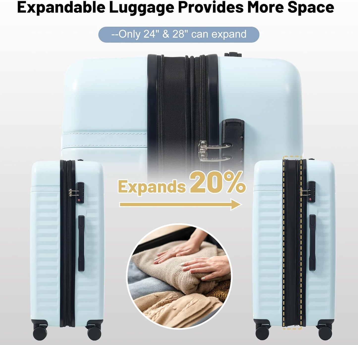 Merax Luggage Sets, Durable Hardshell 3 Piece Suitcase with Double Spinner Wheels and Handle Bags,Lightweight Carry on Luggage with TSA Lock,20+24+28 inches,Light Blue