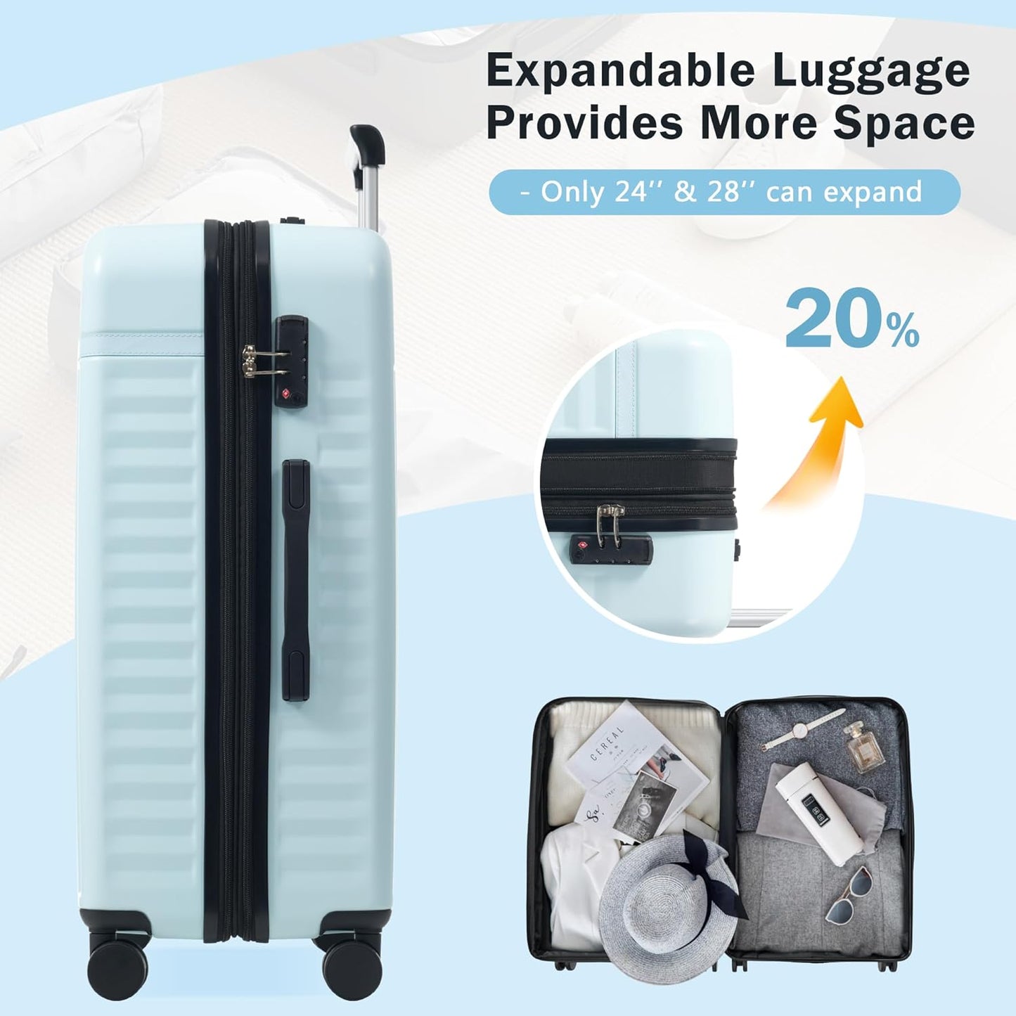 Merax 3 Piece Luggage Sets, Hardside Lightweight Carry on Suitcase,Durable Expandable Luggage with Travel Bags Spinner Wheels and TSA Lock,Light Blue