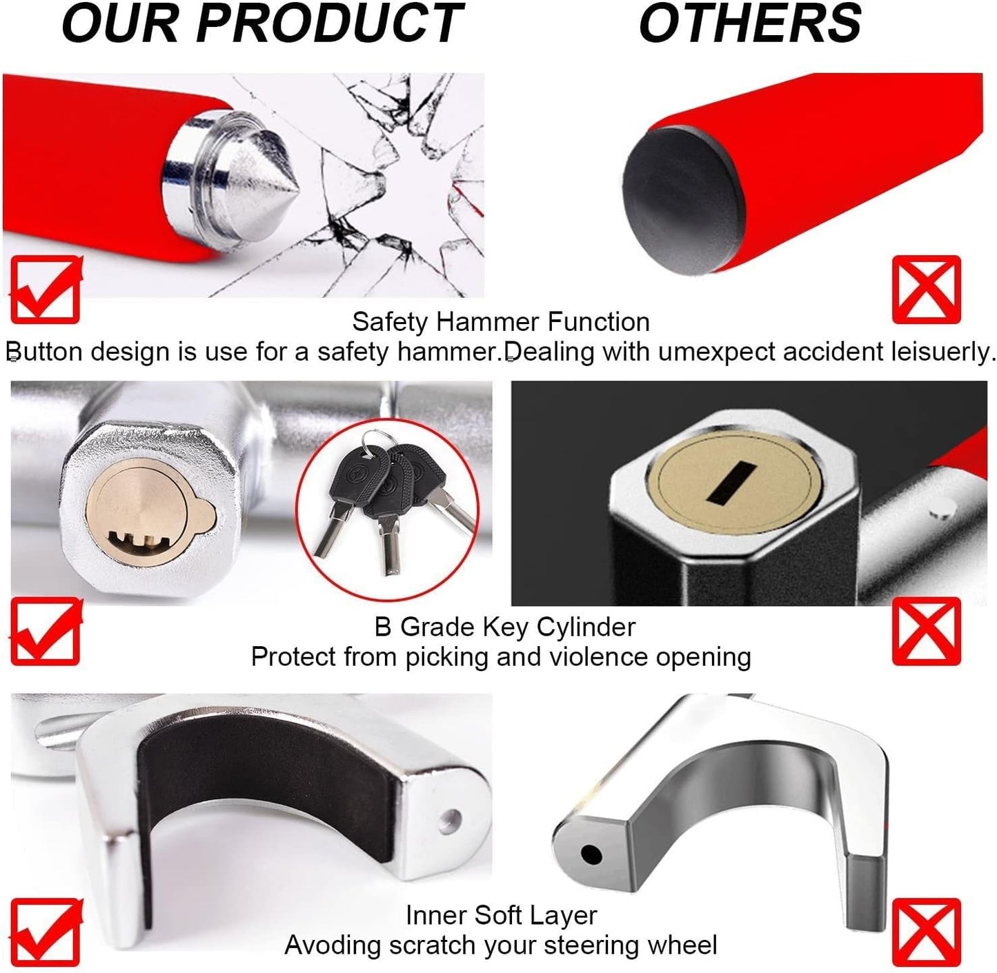 Tevlaphee Steering Wheel Lock for Cars,Wheel Lock,Vehicle Anti-Theft Lock,Adjustable Length Clamp Double Hook Universal Fit Emergency Hammer Window Breaker Self Defense Heavy Duty Secure