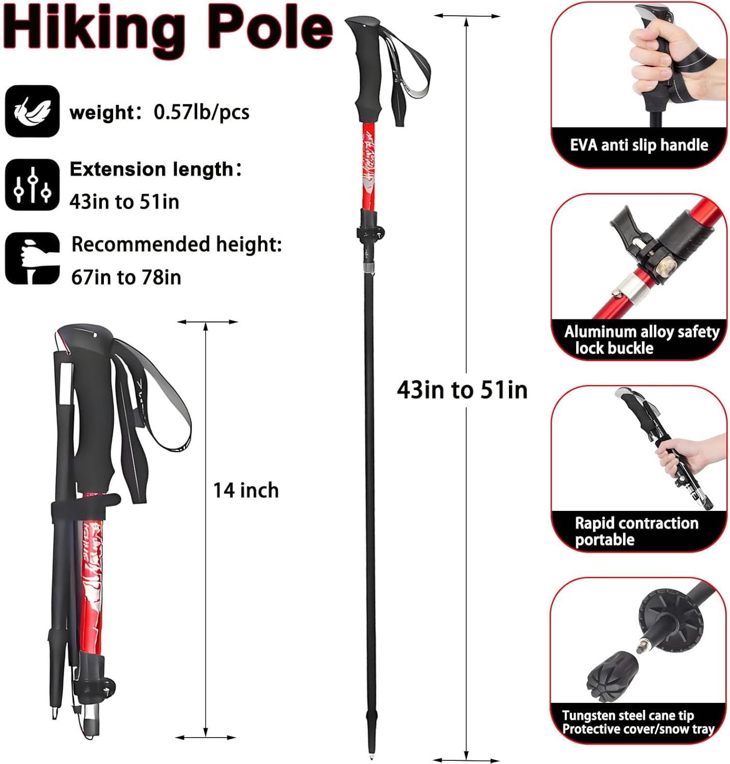 Aluminum Collapsible Ultralight Travel Trekking Hiking Poles Djustable Height,Walking Sticks with Quick Lock System, Telescopic, Camping for Men and Women