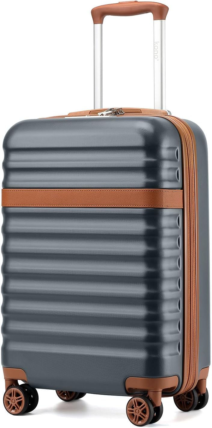 Kono Airline Approved Carry On Luggage 22x14x9 inches, with TSA Lock, 20 Inch Expandable Lightweight Hardshell Suitcase (Grey brown, Suitable for 1-3 Days of Travel)
