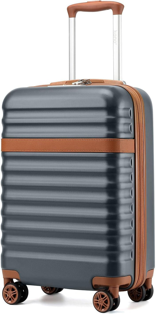 Kono Airline Approved Carry On Luggage 22x14x9 inches, with TSA Lock, 20 Inch Expandable Lightweight Hardshell Suitcase (Grey brown, Suitable for 1-3 Days of Travel)