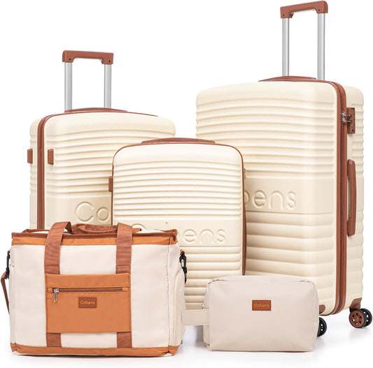 5 Piece Luggage Sets with Spinner Wheels and Tsa Lock, Hardshell ABS Suitcase Set, Lightweight Hardside Waterproof Travel Suitcases with Wheels, 20", 24", 28" Beige