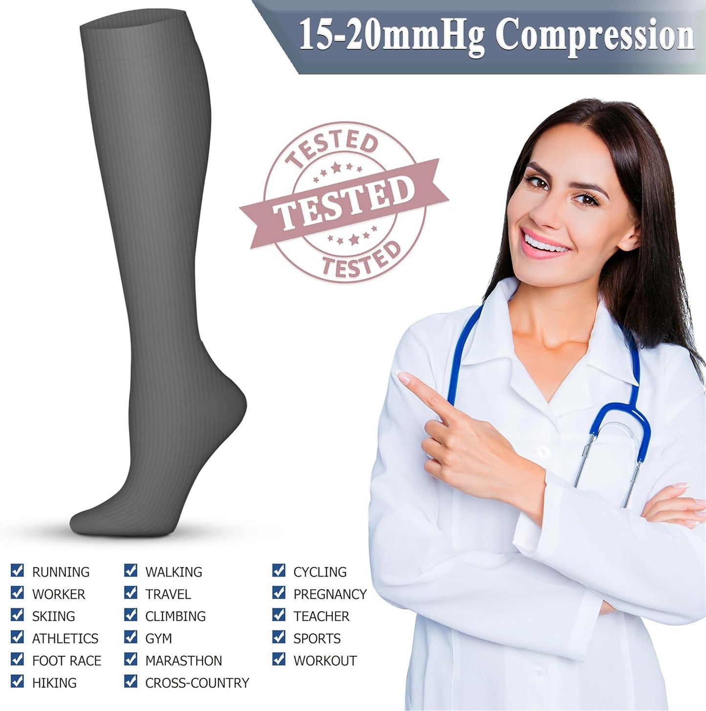 QUXIANG Copper Compression Socks for Women & Men Circulation (8 Pairs) - Best for Running Athletic Cycling - 15-20 mmHg