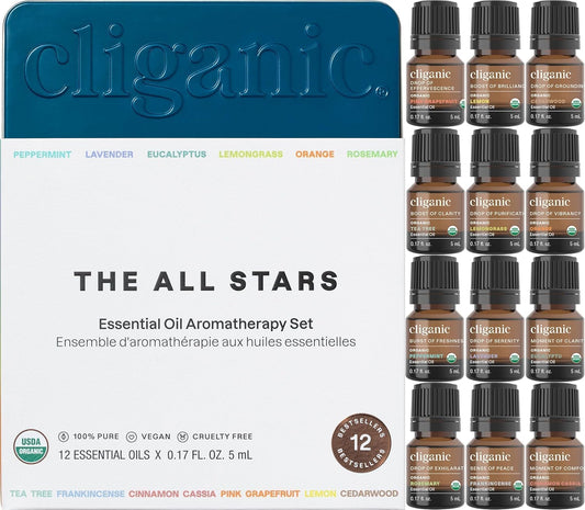 Cliganic Organic Essential Oils Set (Top 12, Pack of 2) - 100% Pure - Peppermint, Lavender, Eucalyptus, Tea Tree, Lemongrass, Rosemary, Frankincense, Orange, Lemon, Cassia, Cedarwood & Grapefruit