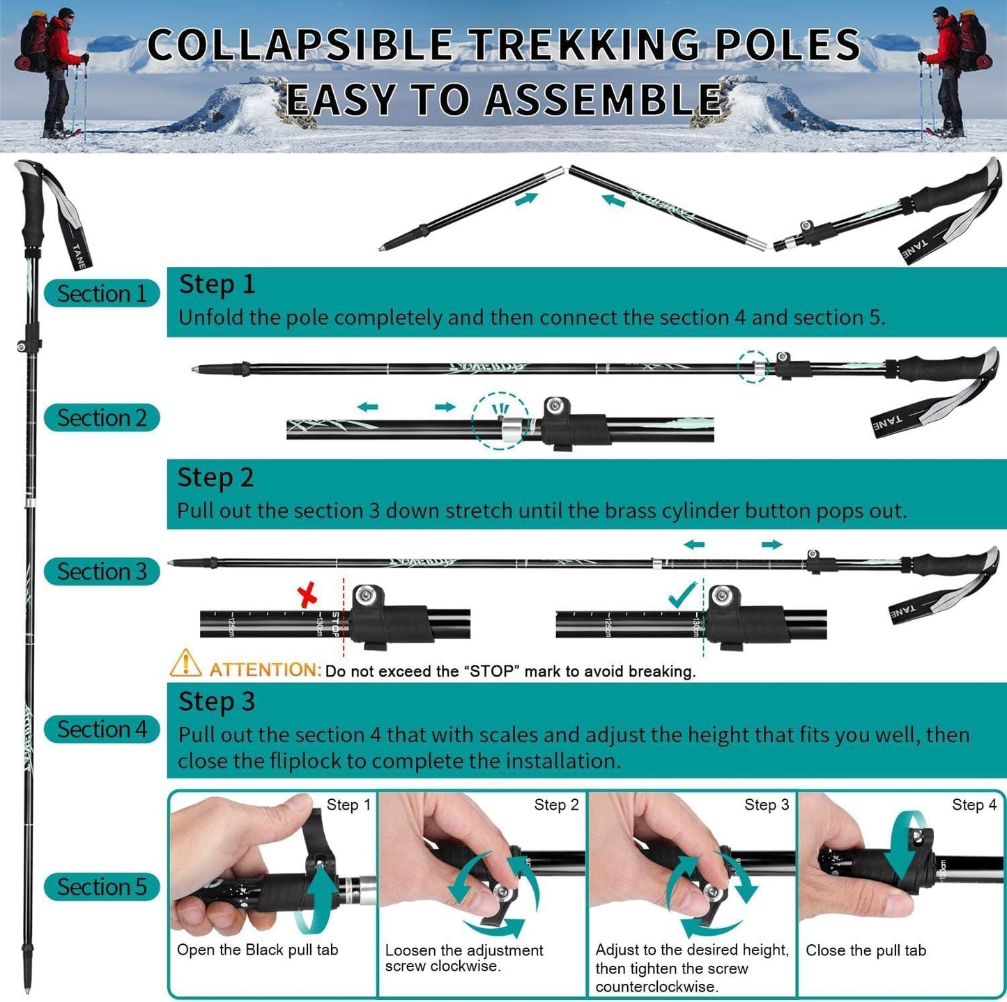 Single Trekking Pole | 7075 Aluminum Anti-Shock, Ultralight, Adjustable & Collapsible Hiking Stick