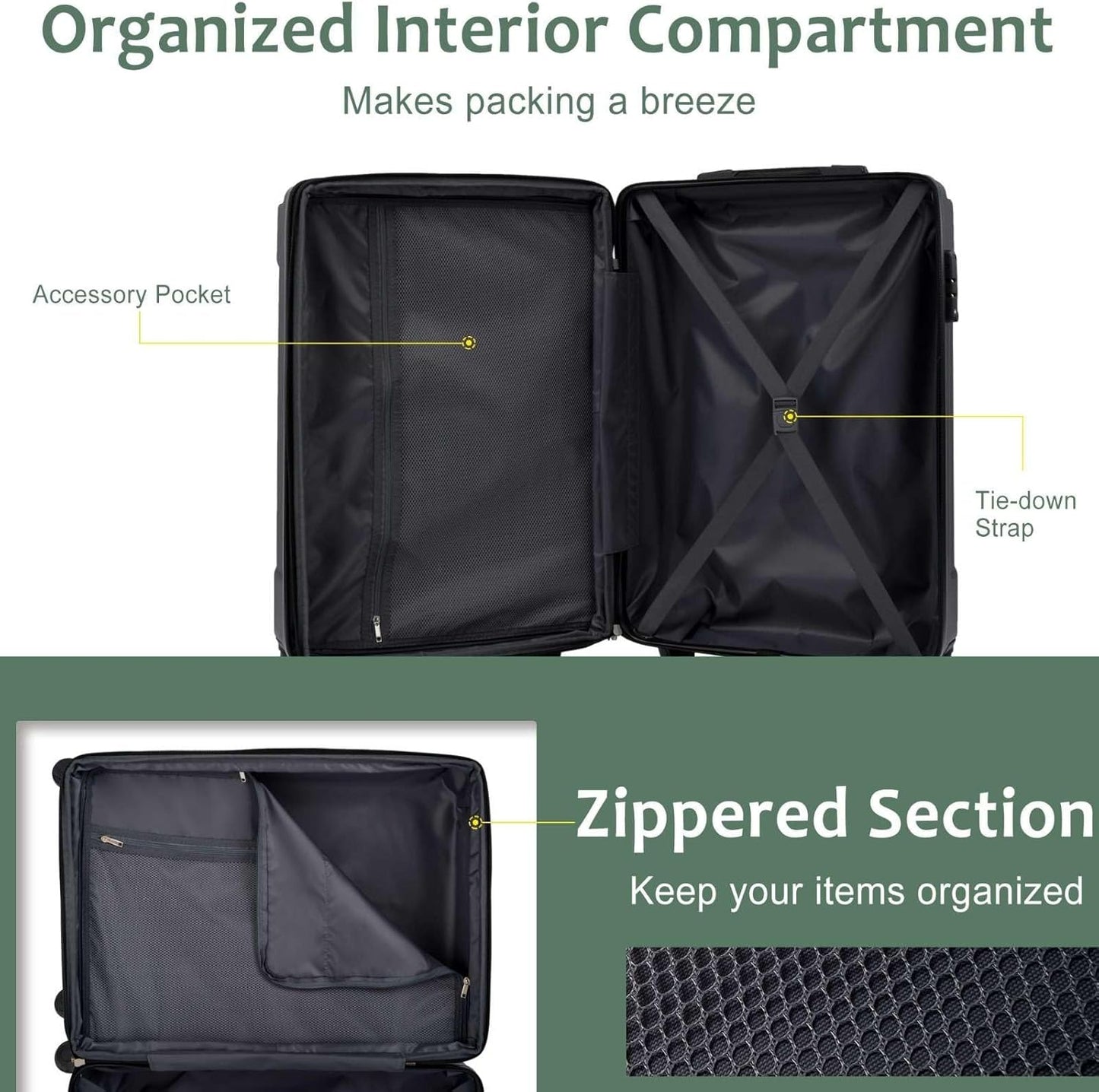 24-inch Expandable Hardshell Checked Luggage with TSA Lock, Durable ABS Suitcase with 360° Silent Dual Wheels, 25% Extra Packing Space, Telescopic Handle, 8 LBS Lightweight, Green