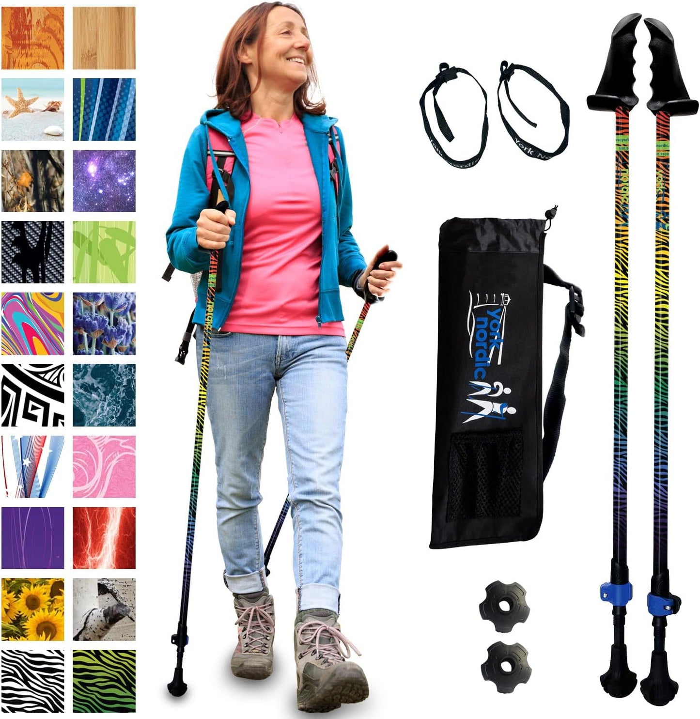 York Nordic Motivator Walking Poles for Balance and Rehab - Patented Stability Grips - Lightweight, Adjustable, and Collapsible - 2 Pieces Adjustable w/flip Locks - Heights 4'6" up to 6'2" - 230 lbs