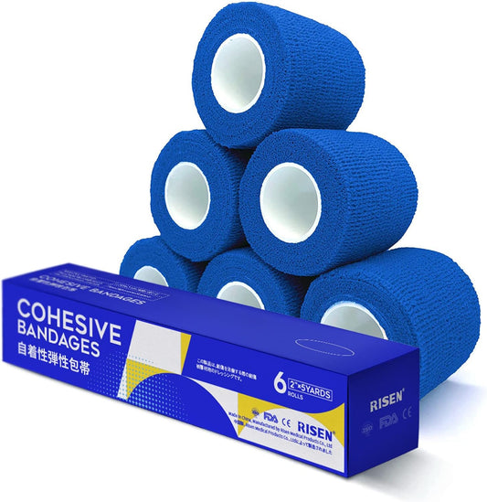 RISEN Cohesive Bandage 2” x 5 Yards, 6 Rolls, Self Adherent Wrap Medical Tape, Adhesive Flexible Breathable First Aid Gauze Ideal for Stretch Athletic