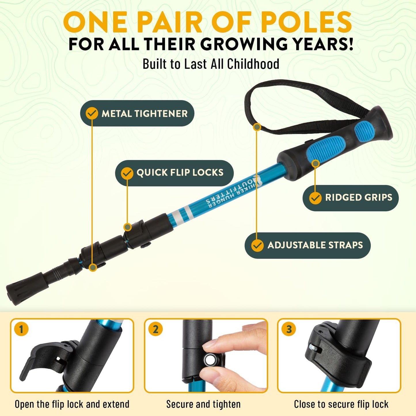 Kids Hiking Poles by USA Brand - Lightweight Collapsible Kids Walking Stick w/Quick Adjustable Flip Locks