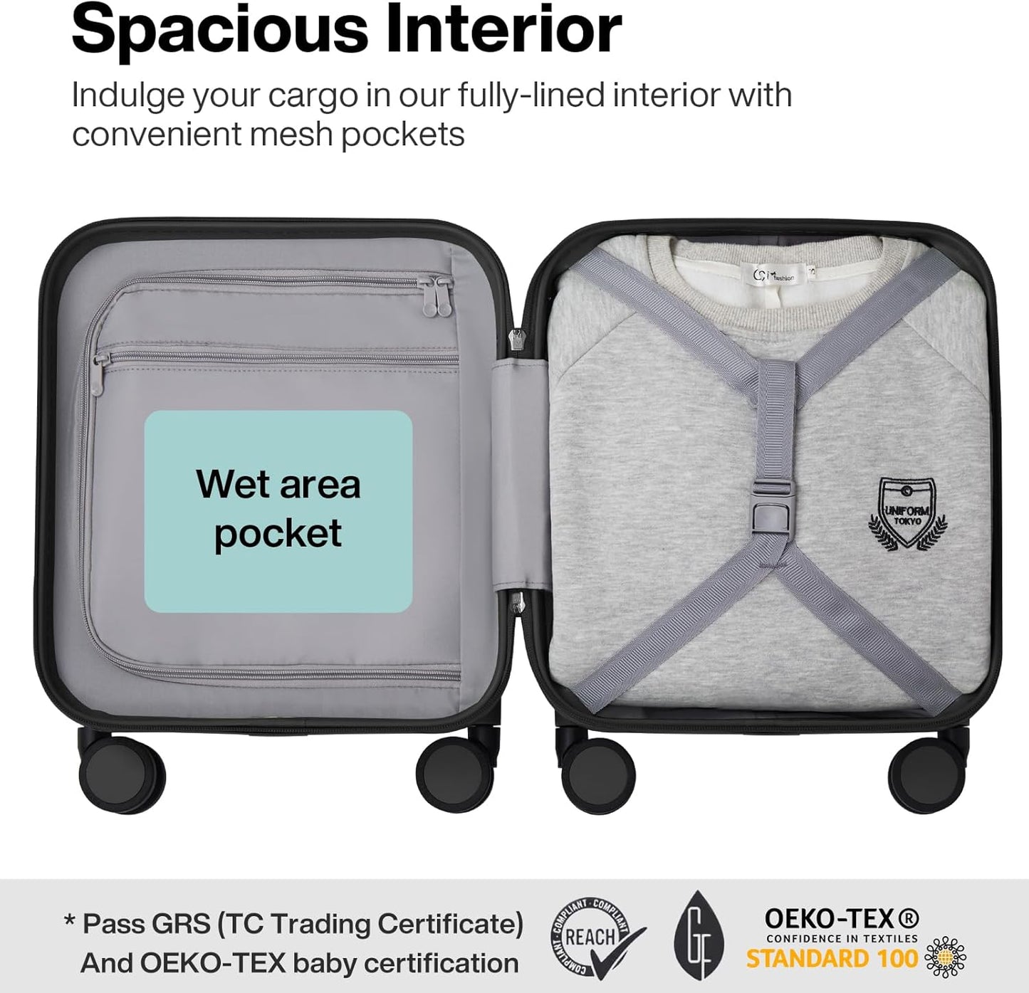 mixi Upgrade Carry on Luggage 14 Inch Underseat Personal Item Suitcases with Spinner Wheels, Hardside Rolling Suitcase PC with TSA Lock Lightweight Travel Case, Fine Grid Black