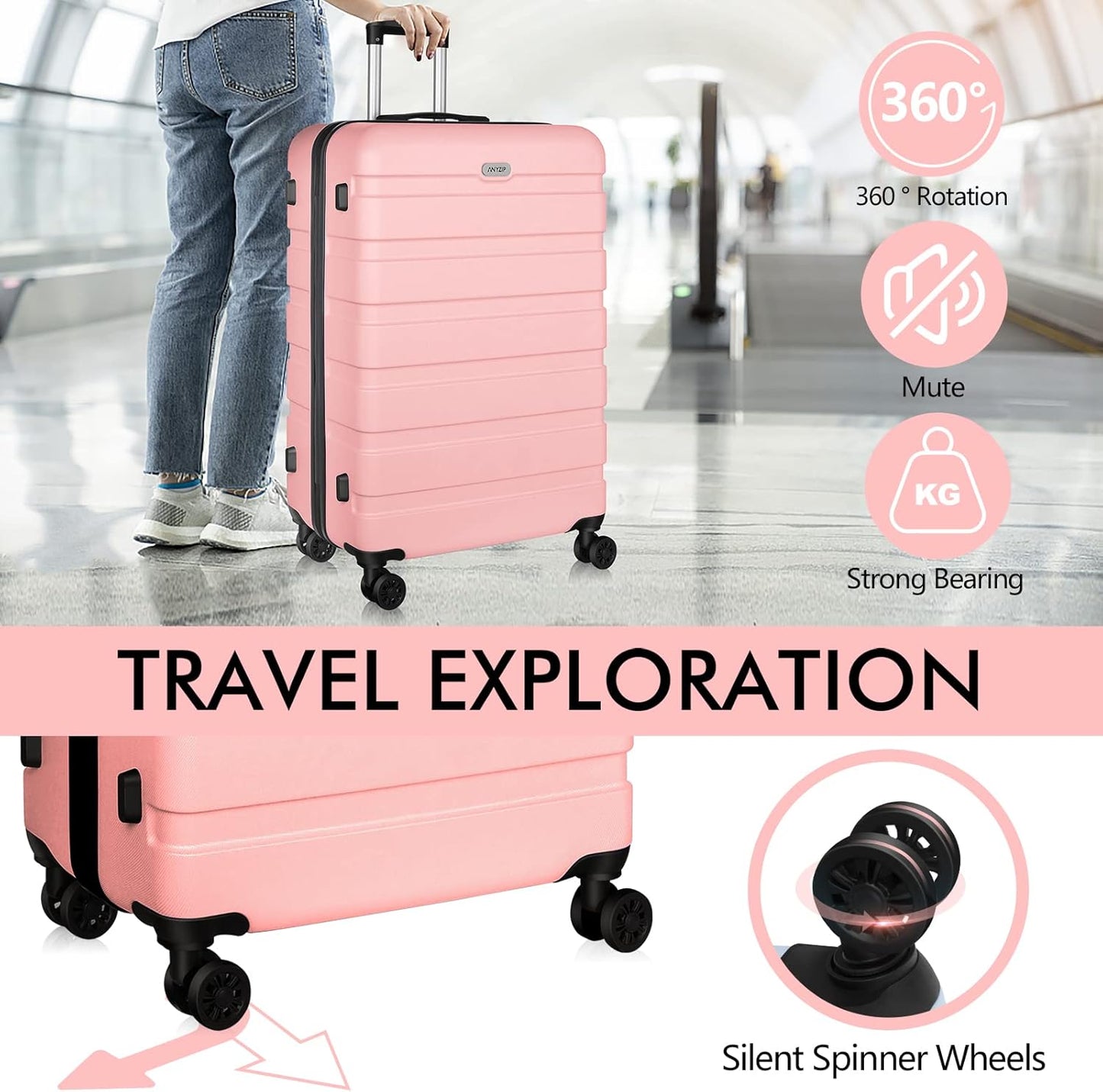 AnyZip Luggage PC ABS Hardside Lightweight Suitcase with 4 Universal Wheels TSA Lock Checked-Medium 24 Inch Pink