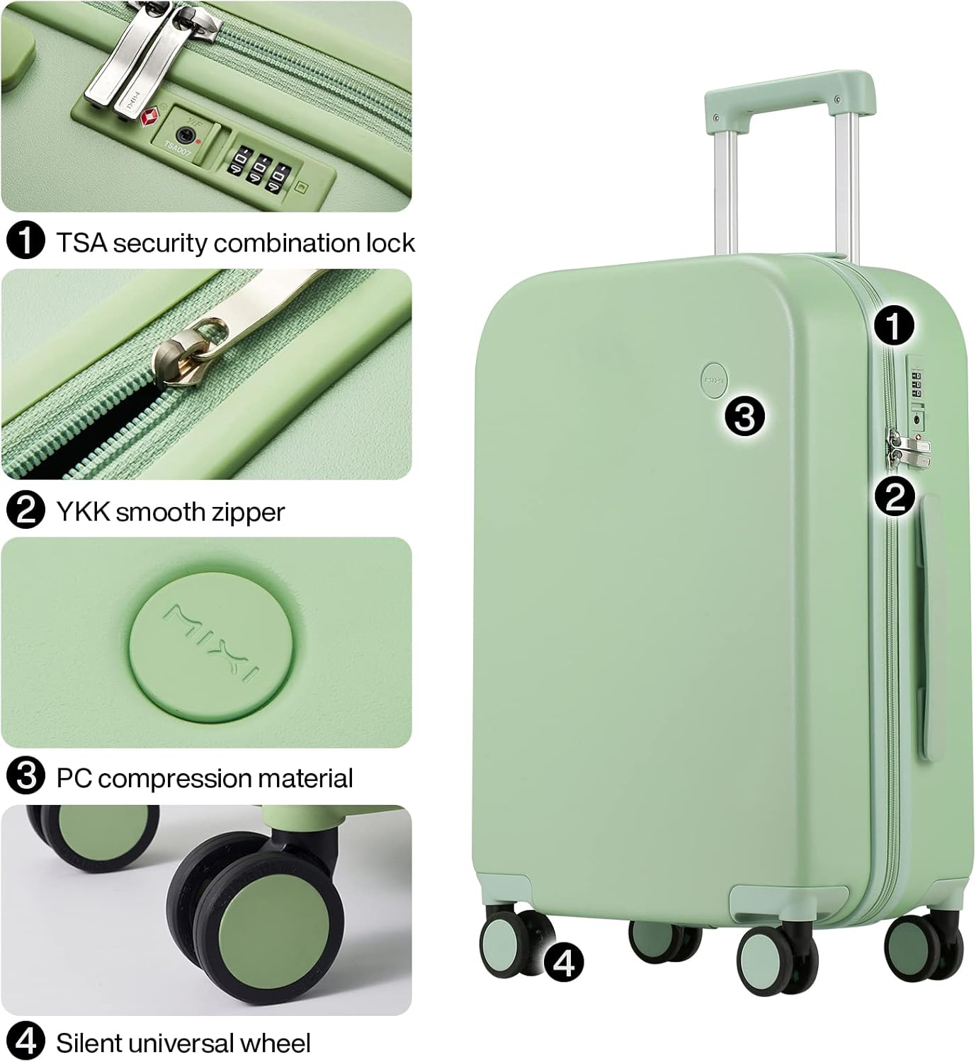 mixi Luggage Suitcase with Spinner Wheels, Hardside Rolling Suitcase PC with Cover & TSA Lock Lightweight Travel Case 24in Checked in, Avocado Green
