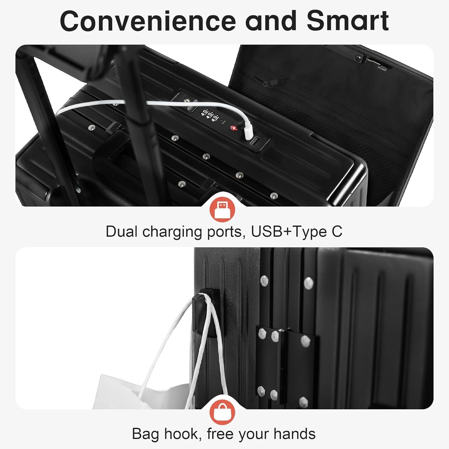 24 Inch Check-In Luggage Aluminum Frame Zipperless Luggage, Hard Shell Suitcase TSA Approved Checked Luggage, ABS+PC Lightweight Zipperless Suitcase with Spinner Wheels (Black)