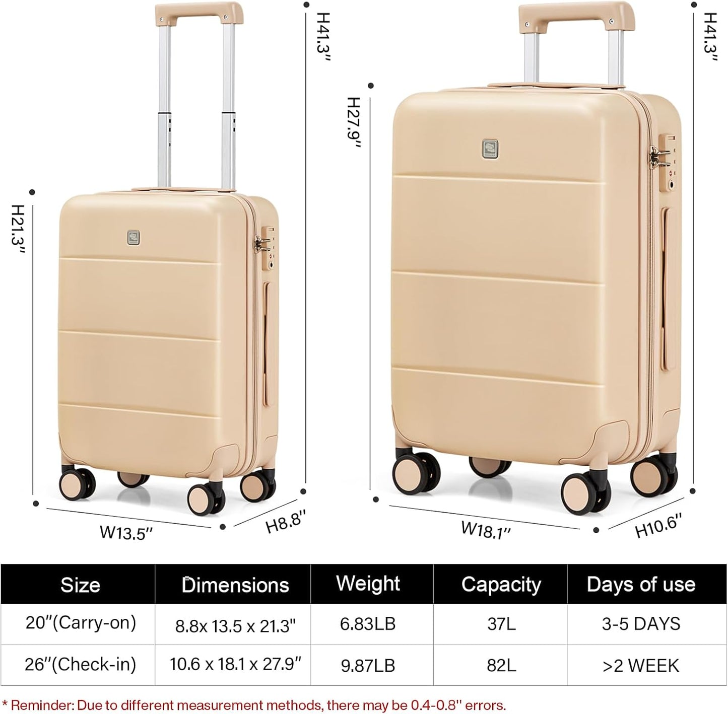 Hanke Hard Shell Luggage Sets 2 piece Large Suitcase Tsa Luggage Hard Shell Suitcases Checked Luggage With Spinner Wheels 20/26 inch(Cuba Sand)
