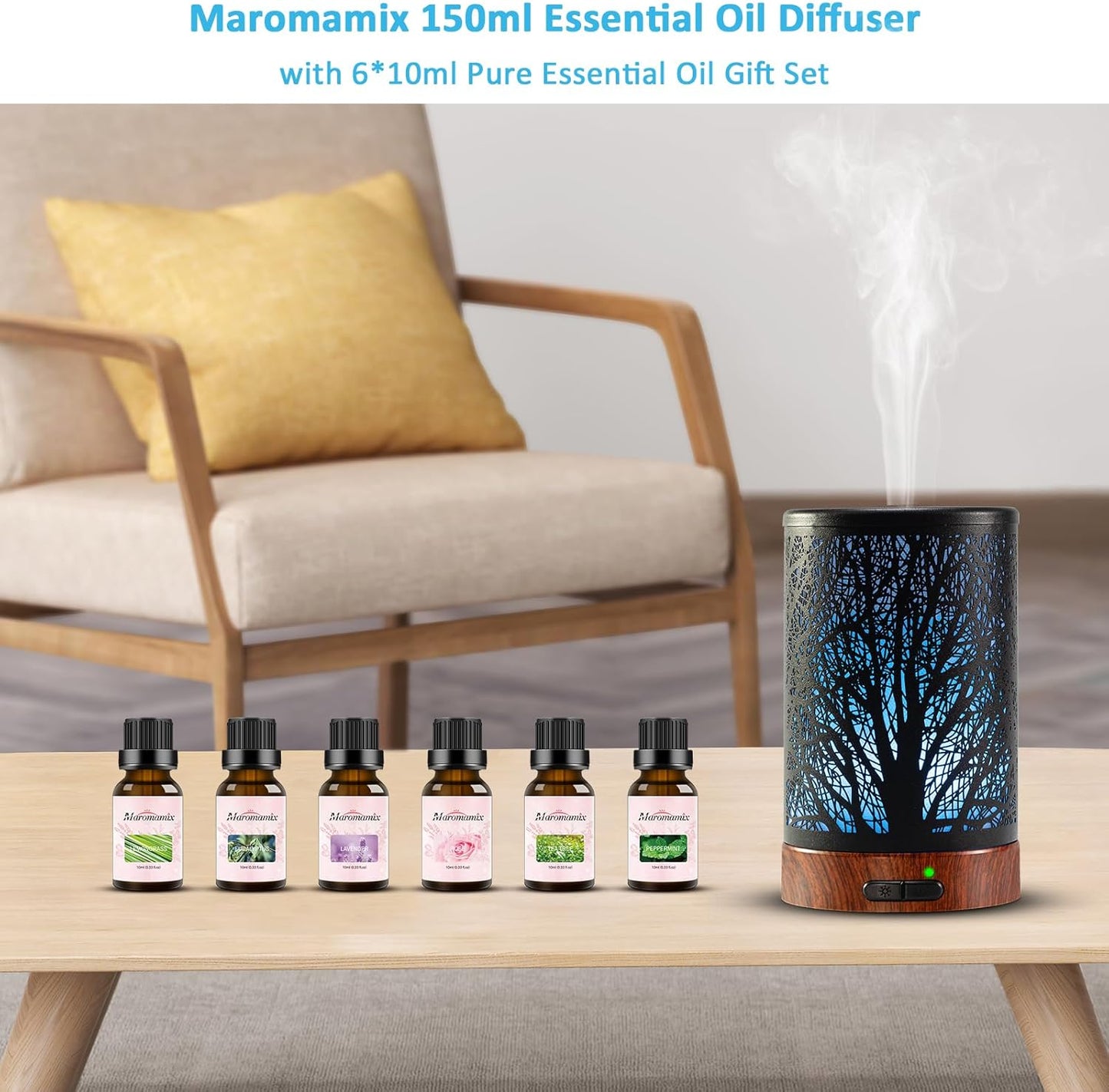 Oil Diffuser & Essential Oils Set - Oil Diffuser 150ml with 6 Essential Oils Set, Aromatherapy Cool Mist Oil Diffusers for Essential Oils, Waterless Auto Shut-Off，7 Colors Night Light,Gifts for Mom