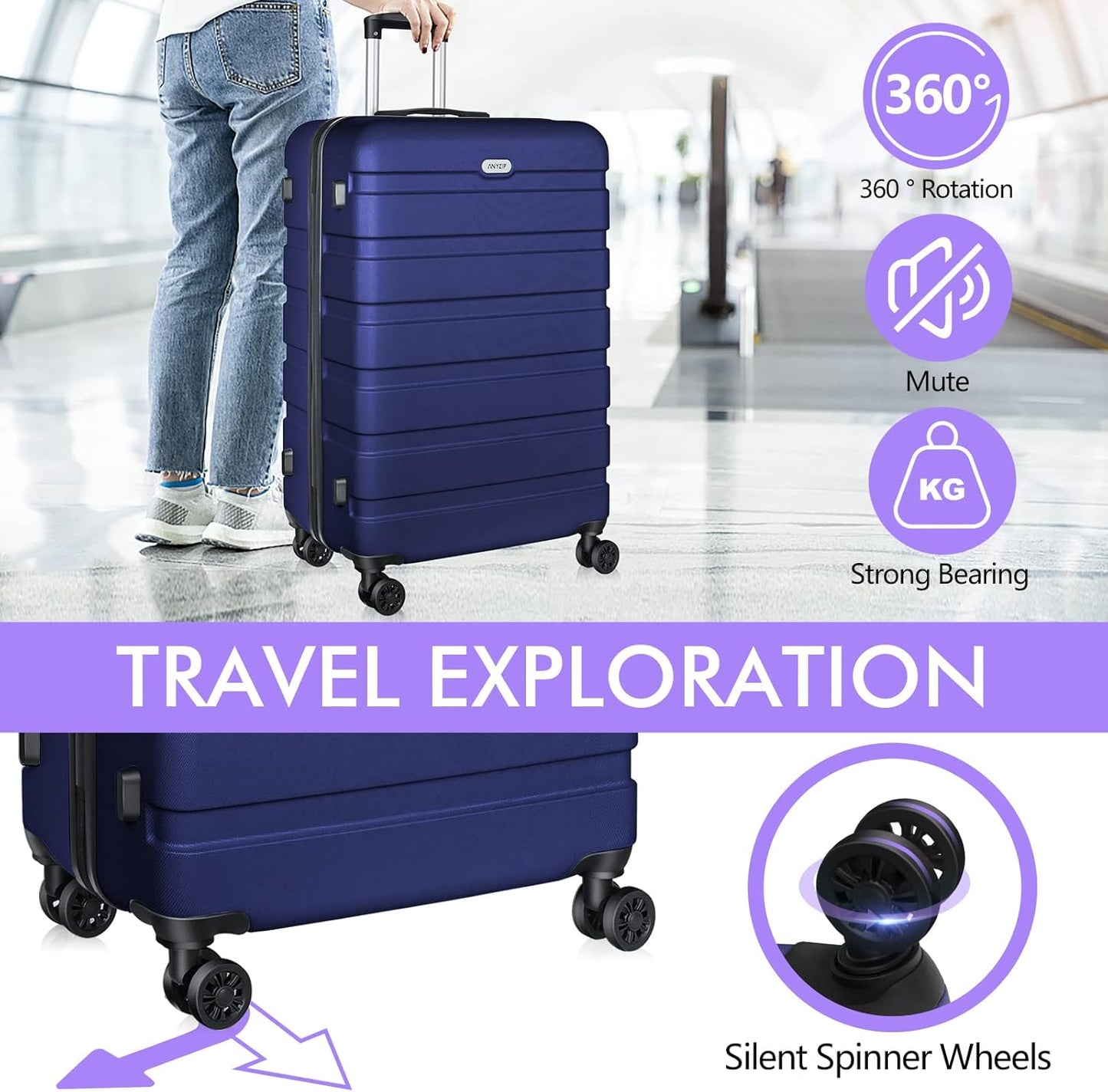 AnyZip Luggage PC ABS Hardside Lightweight Suitcase with 4 Universal Wheels TSA Lock Checked-Large 28 Inch Dark Blue