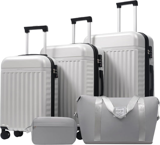 Merax 3 Piece Luggage Sets, Hardside Lightweight Carry on Suitcase,Durable Expandable Luggage with Travel Bags Spinner Wheels and TSA Lock,White Grey