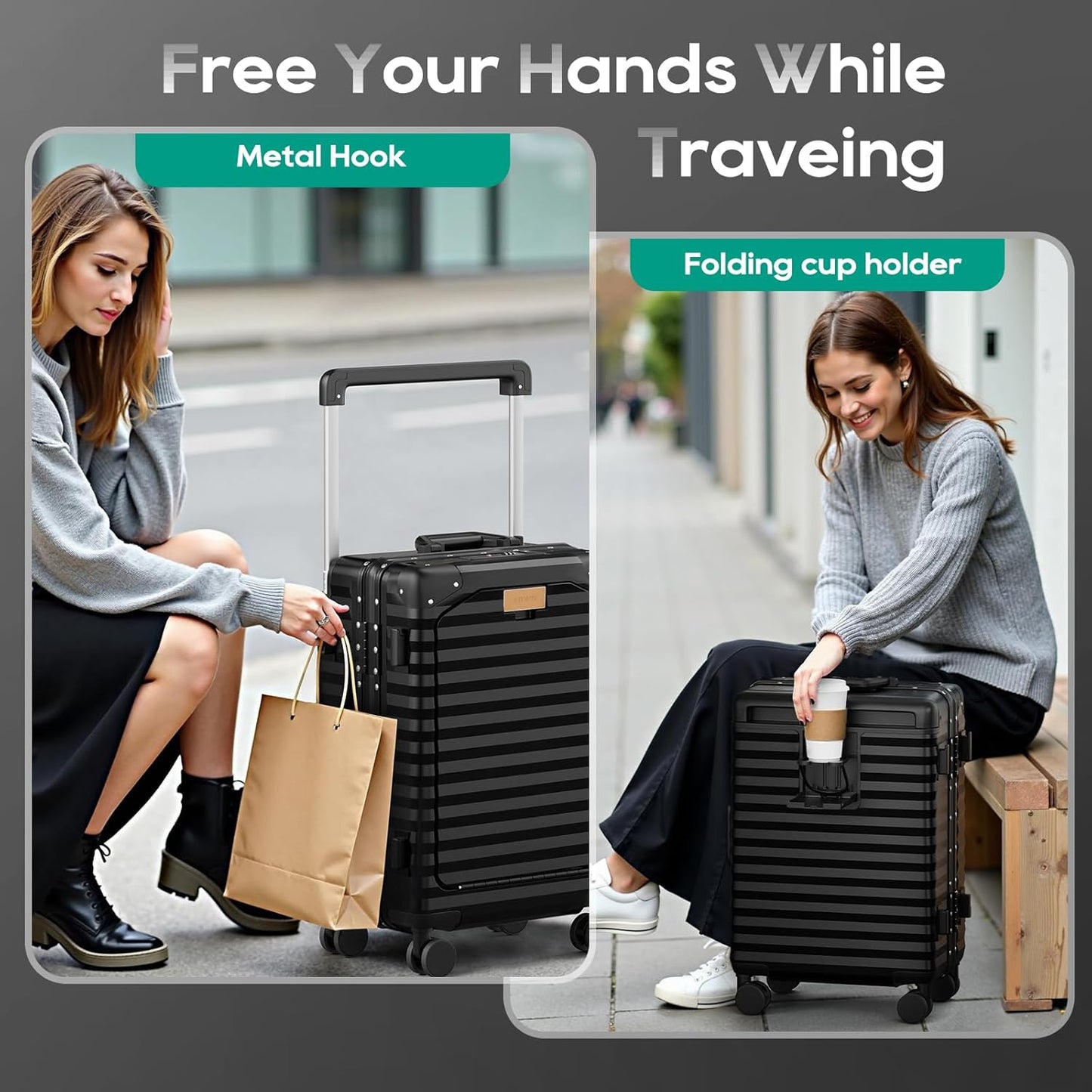 Joyway 20 Inch Carry on Luggage with Aluminium Frame and Front Pocket, PC Hardshell Suitcase with USB Port and Cup Holder, 21.5x14.2x9 Airline Approved, Luggage with Spinner Wheels and TSA Lock(Black)