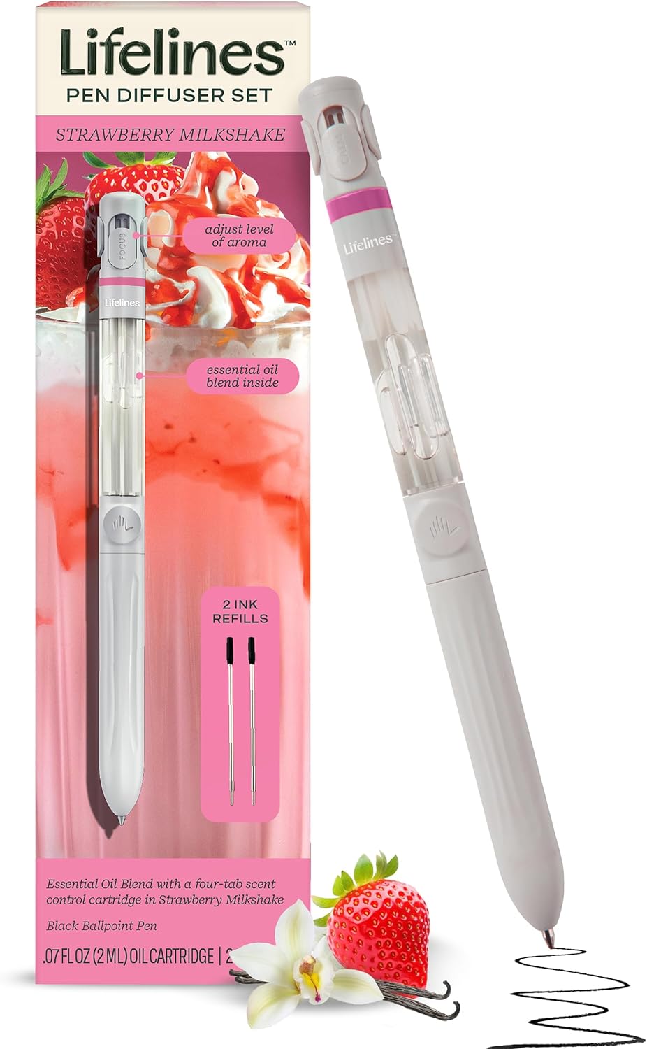 Lifelines Pen Diffuser Set, Strawberry Milkshake - 1mm Black Ballpoint Pen with Scented Essential Oil Blend & 2 Ink Refills – Aromatherapy Diffuser & Sensory Immersion Diffuse Aroma As You Write