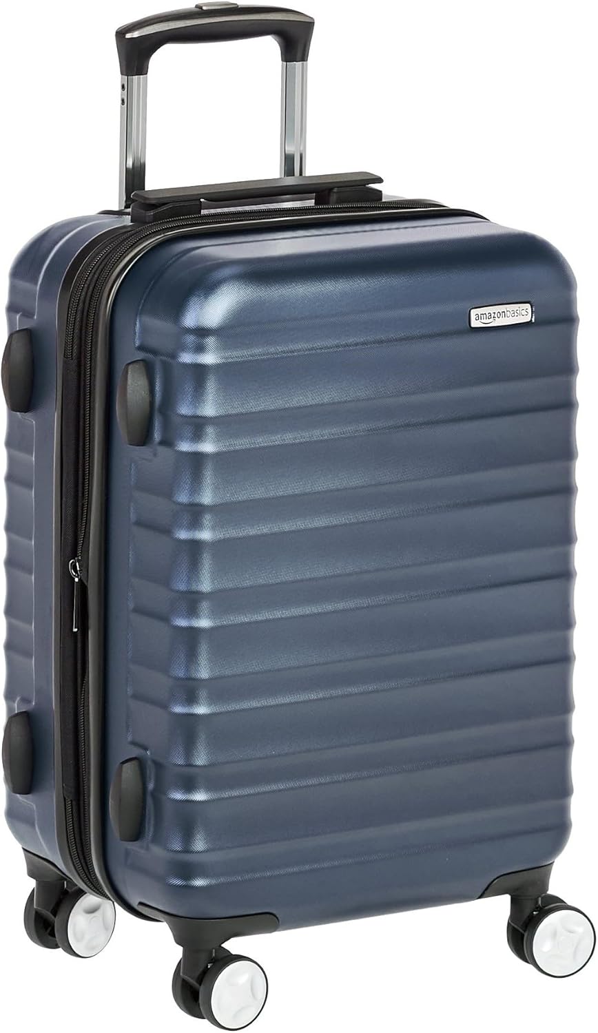Amazon Basics 21-inch Carry On Luggage, Suitcase With Wheels (8 Spinner Wheels), TSA Lock, Expandable Capacity, Interior Divider and Pocket For Dry and Damp Clothes, Navy Blue