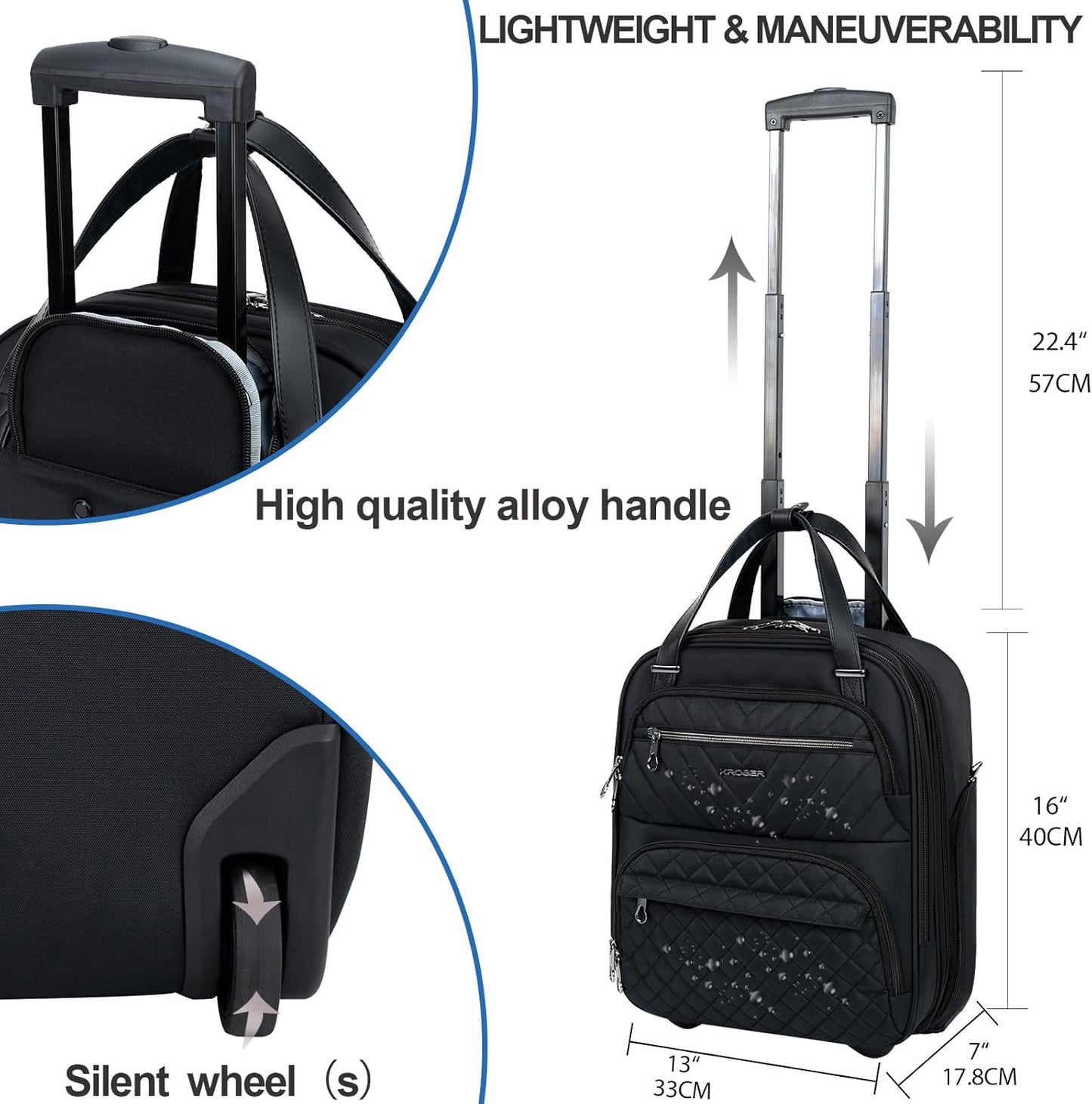 KROSER Carry On Underseat Multi-functional, 16-inch Underseater Lightweight Overnight Suitcase for Men Women, Black