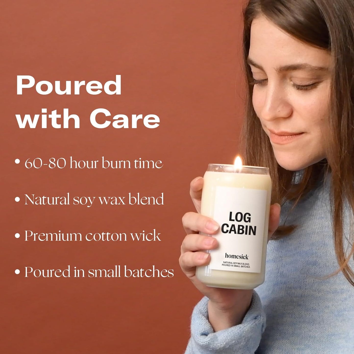 Homesick Scented Candles for Home (Log Cabin) - 13.75 oz Long-Lasting Natural Soy Wax Blend Jar Candle Gifts for Women & Men, 60-80 Hours Burn Time - Notes of Blue Spruce, Chimney Smoke & Amber