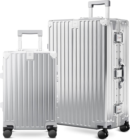 ALPHA CAMP 2 Piece Luggage Sets With Dual Layer Aluminum Frame, TSA Locks, 3-Layer PC 20" Carry-on 28" Checked Lightweight Hardside Zipperless Travel Suitcase Sets, Type-C USB Charging Port