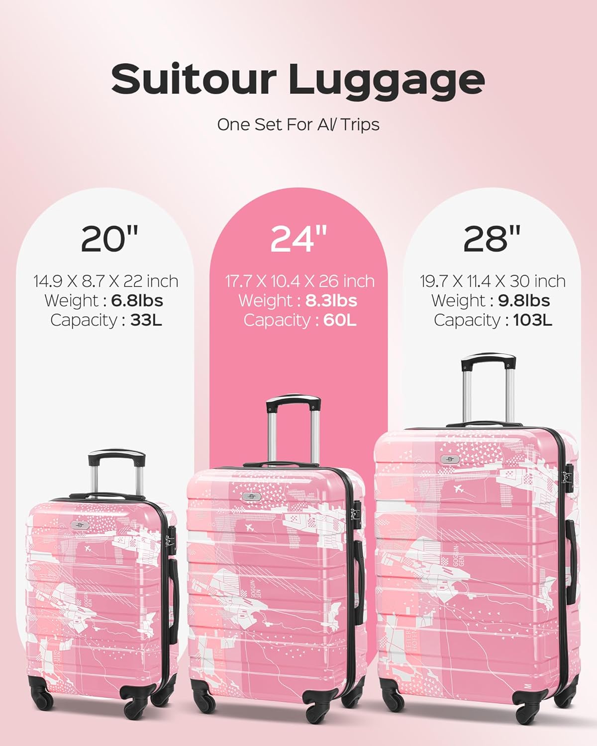 Suitour Luggage Sets 3 Piece, Hardside Lightweight Suitcase set with Spinner Wheels TSA Lock for Travel