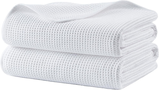 POLYTE Microfiber Oversize Quick Dry Lint Free Waffle Bath Towel for Body, 60 x 30 in, Set of 2