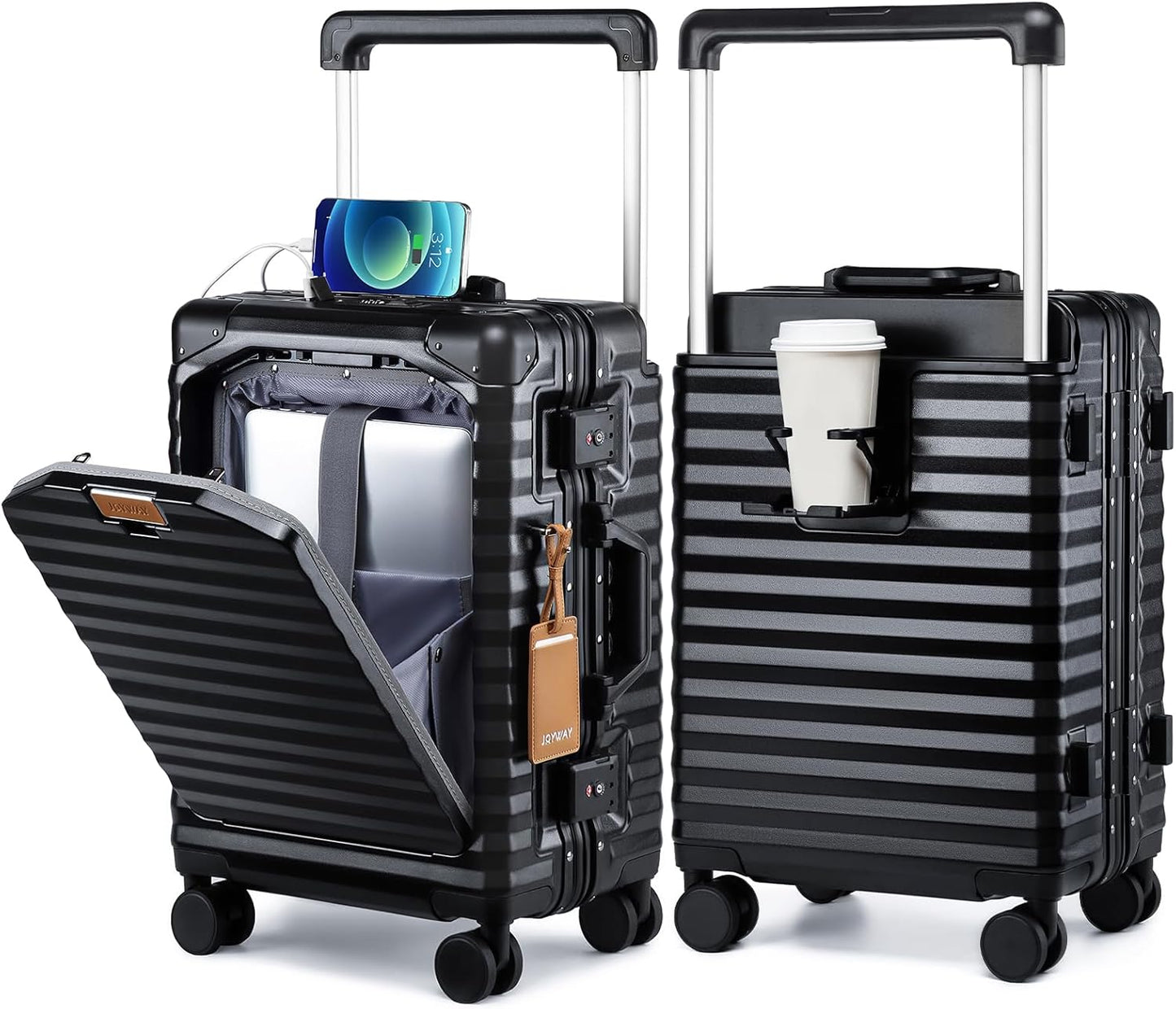 Joyway 20 Inch Carry on Luggage with Aluminium Frame and Front Pocket, PC Hardshell Suitcase with USB Port and Cup Holder, 21.5x14.2x9 Airline Approved, Luggage with Spinner Wheels and TSA Lock(Black)